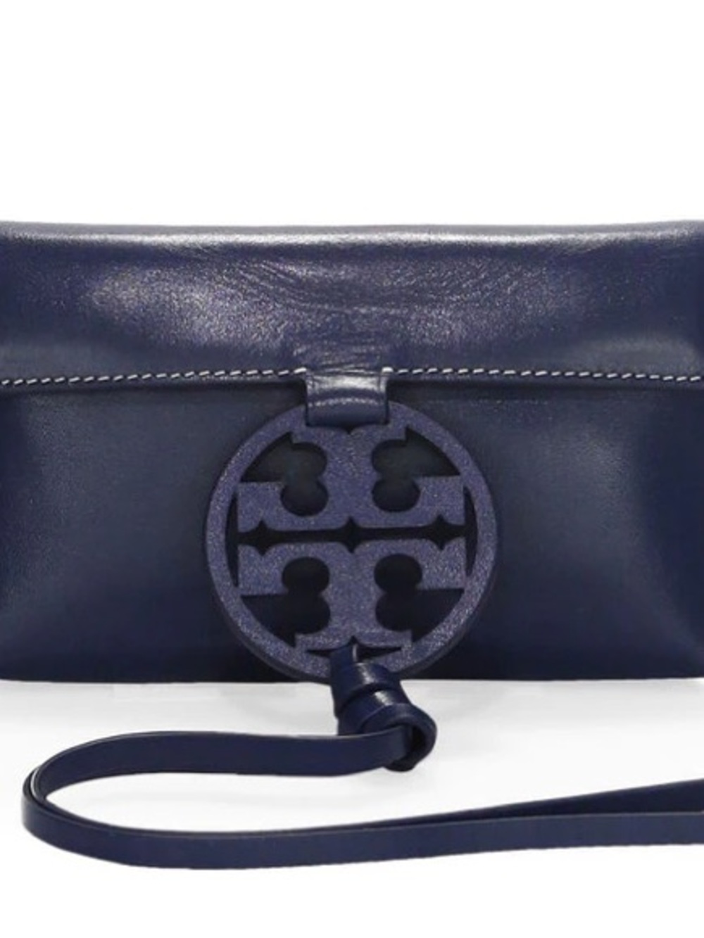 Tory Burch Navy Leather Wristlet Clutch with Logo Medallion